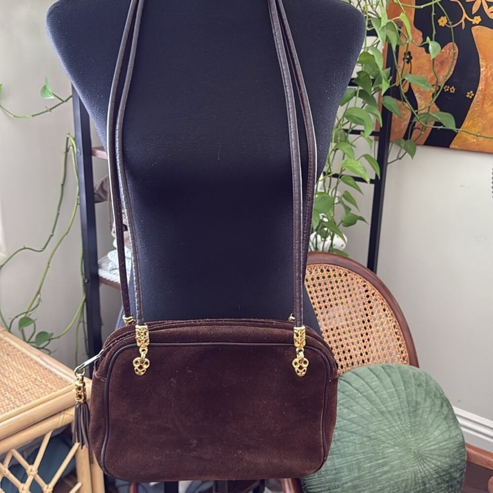 Vintage Yenko Italy Brown Suede Embroidered Top Zip Crossbody Boho Bag Purse - Picture 2 of 8
